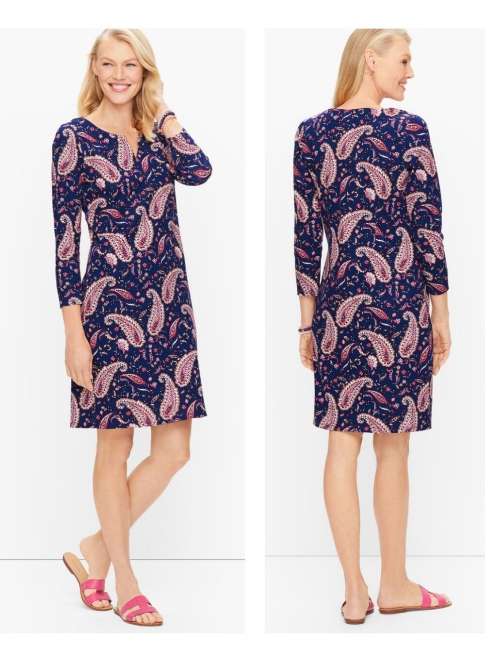 Talbots Cotton Paisley Shift Dress Size Large Navy Pink